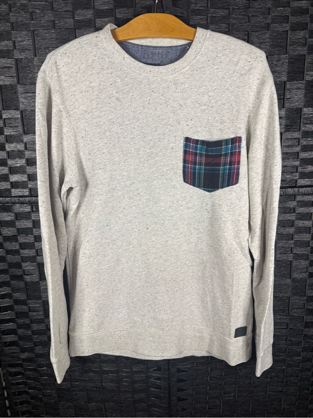 Modern Amusement Light Gray Crewneck Sweater with Blue & Red Plaid Pocket